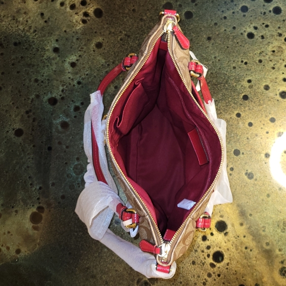 Coach Peyton Signature Convertible Shoulder Bag Tote Handbag F24601 Khaki & Red - Picture 11 of 16